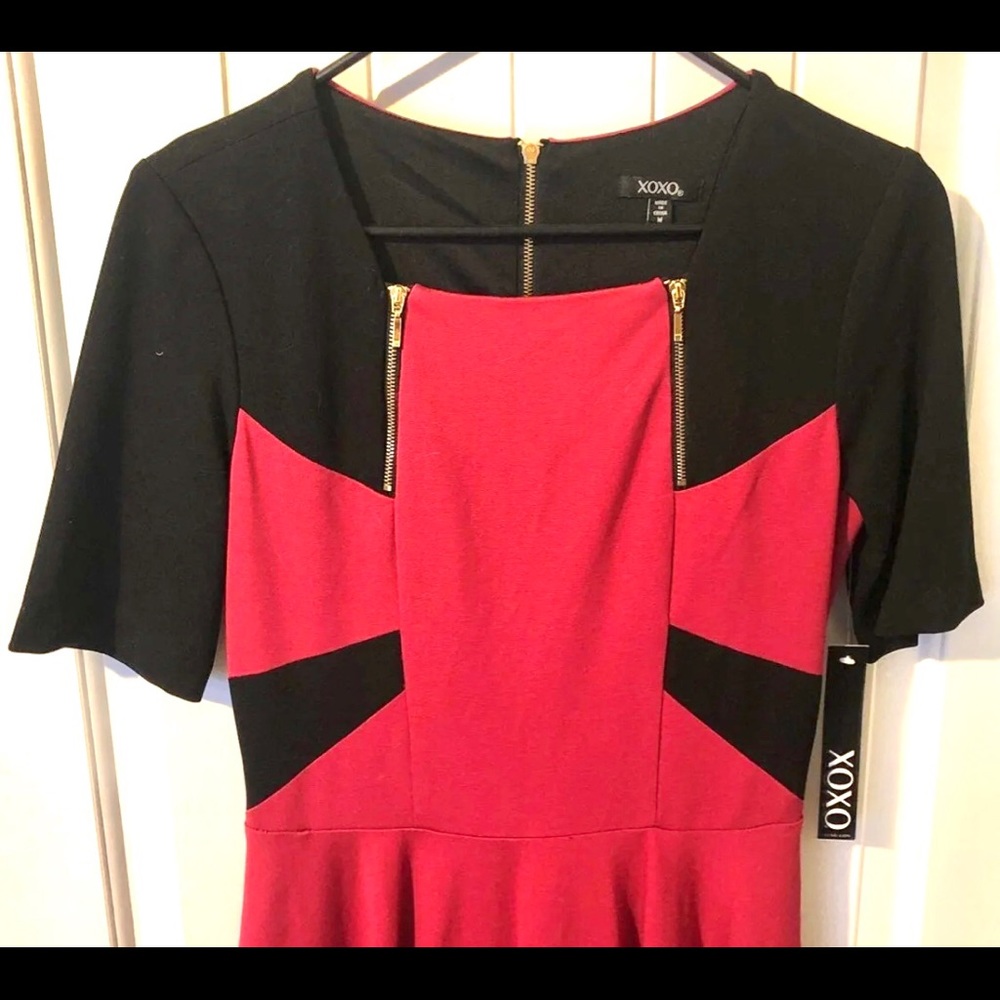 NWT Xoxo Holiday Dress maroon black gold zip